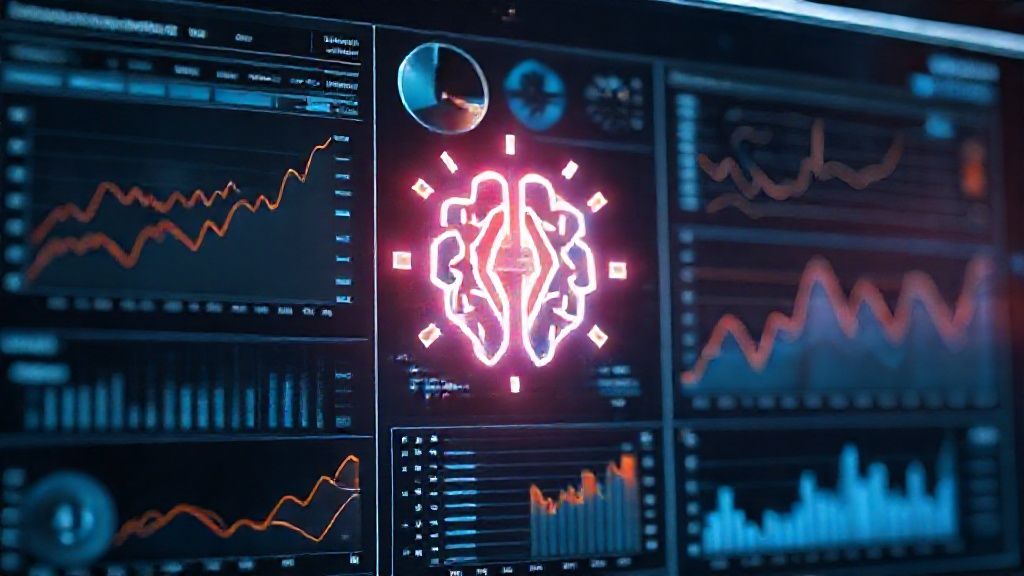 A sophisticated data dashboard displaying complex charts, graphs, and a prominent glowing AI icon representing advanced analytics and deep learning, futuristic, photorealistic 4k