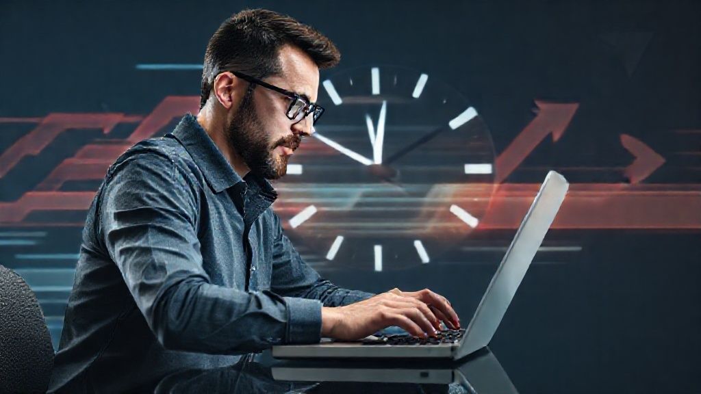 Product manager working quickly on a laptop with a dynamic clock and fast forward arrows in the background illustrating rapid iteration and agile product development photorealistic 4k