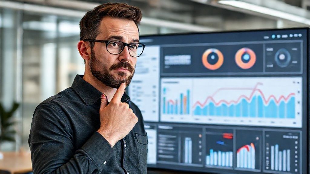 A product manager with a thoughtful expression pointing at a digital dashboard showing user feedback and market data, identifying a critical problem or opportunity for a SaaS product, modern office setting, photorealistic 4k