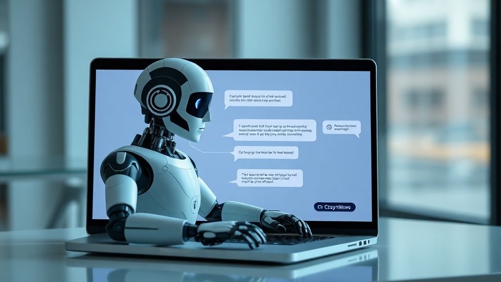 a-sleek-modern-ai-chatbot-interface-assisting-a-user-on-a-laptop-screen-with-natural-language processing bubbles and a friendly robot avatar, photorealistic, high-tech