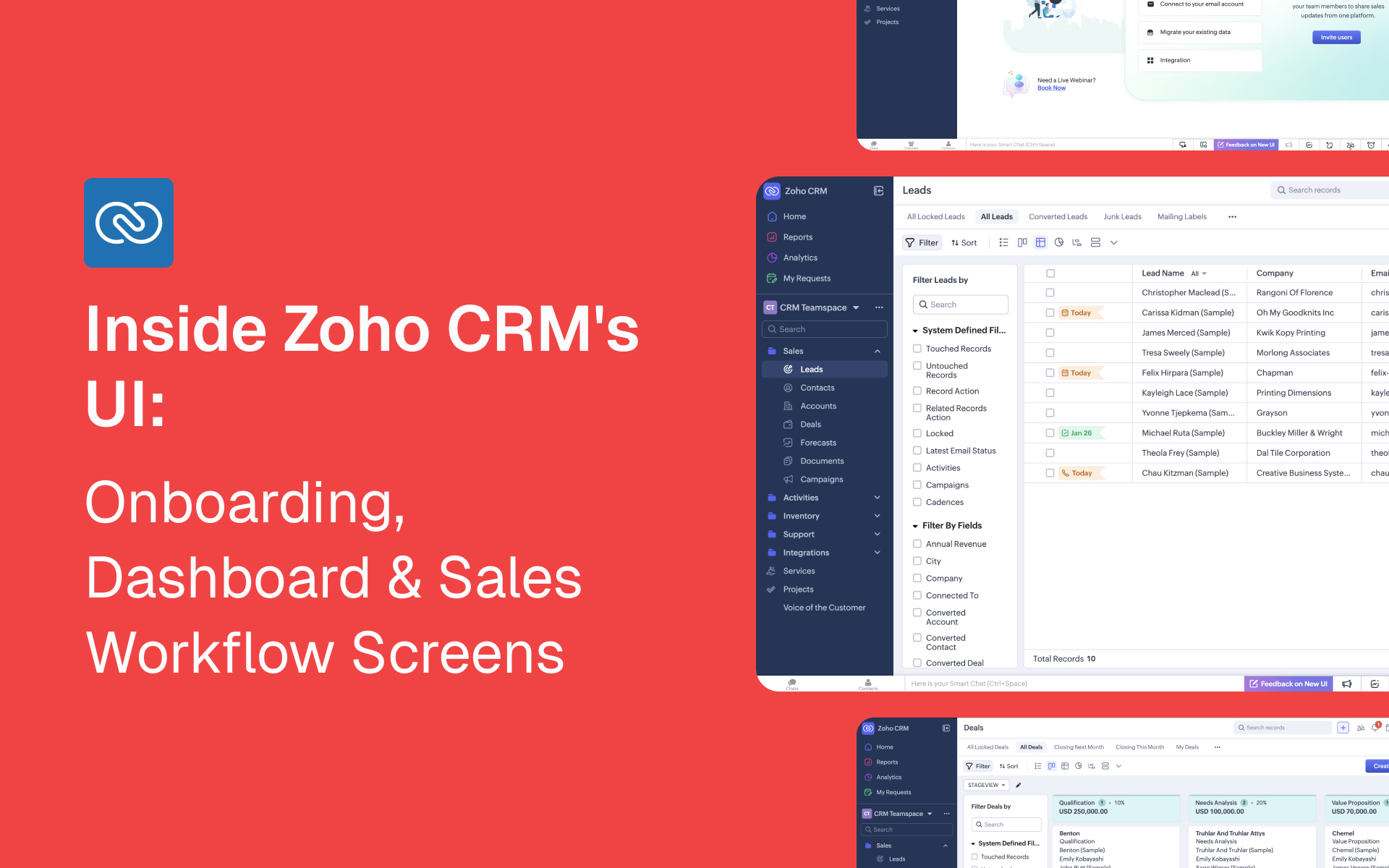 Inside Zoho CRM’s UI: Onboarding, Dashboard & Sales Workflow (with screenshots)